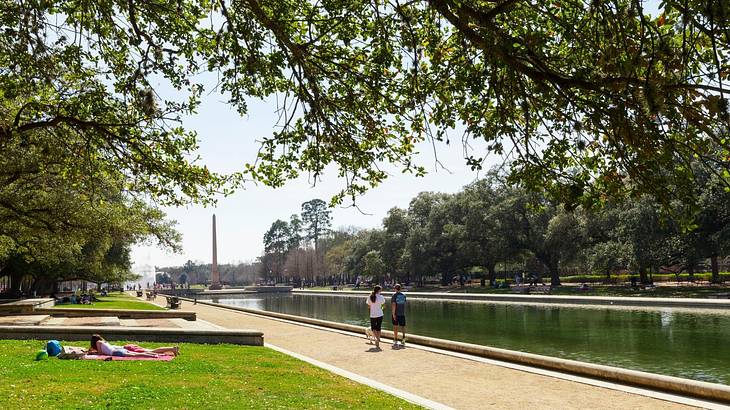 A park during the day with green grass, paths, and a pond