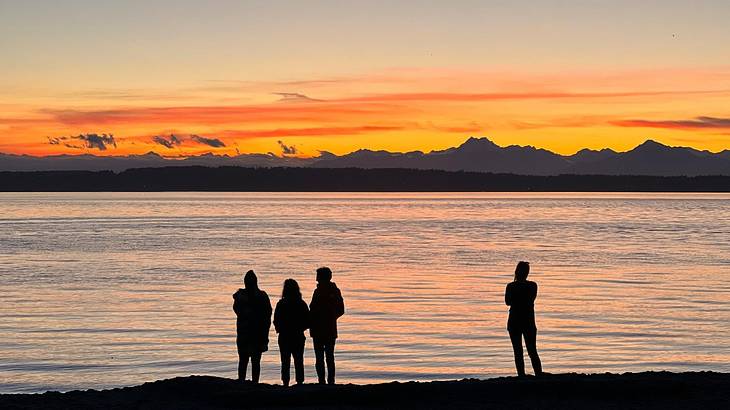 The silhouettes of four people standing next to the water at sunset