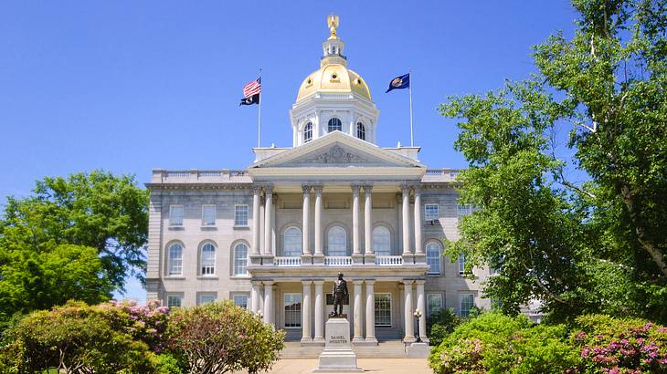 Bronze statue and garden in front of a granite building with 2 flags and a gold dome