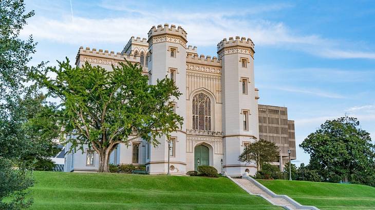 A castle-like structure with steps, trees, and grass in front of it