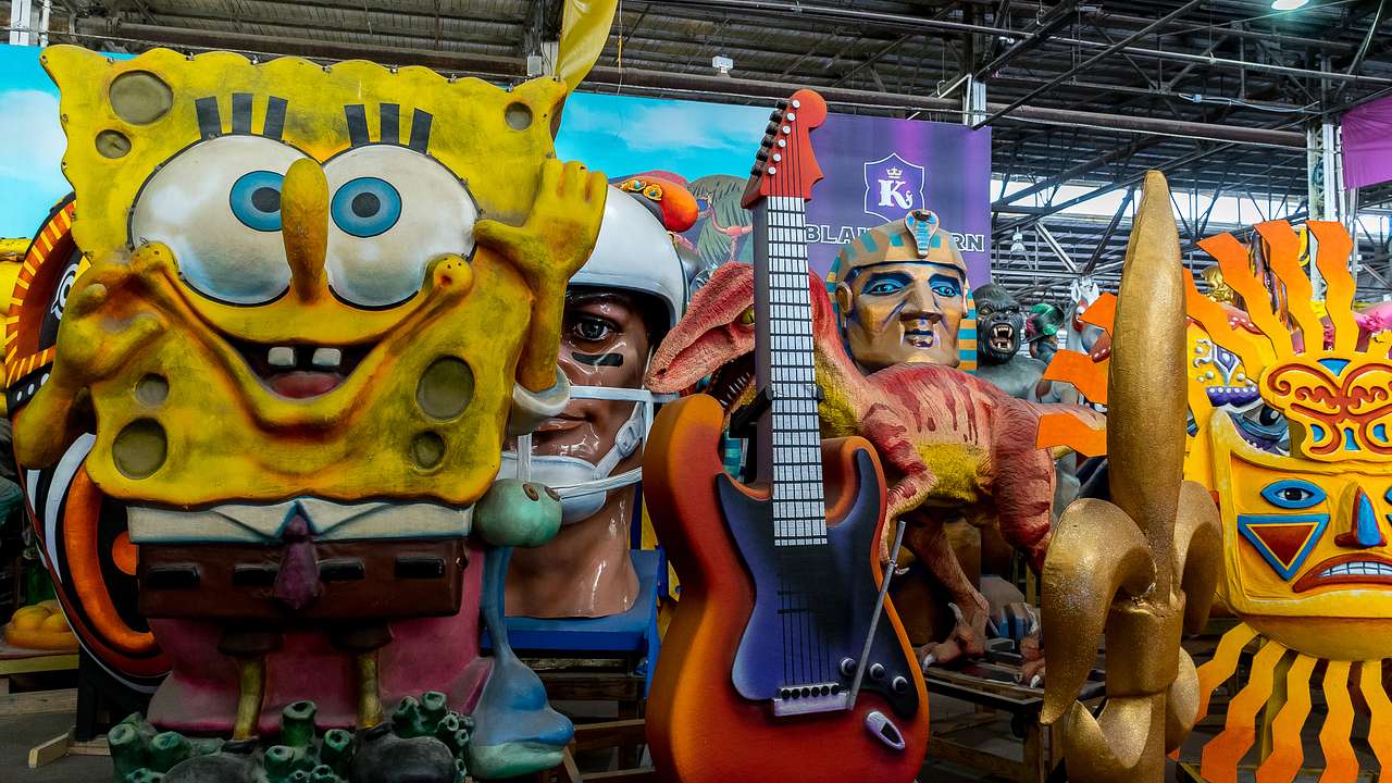Colorful statues of different characters like Spongebob, along with a guitar statue