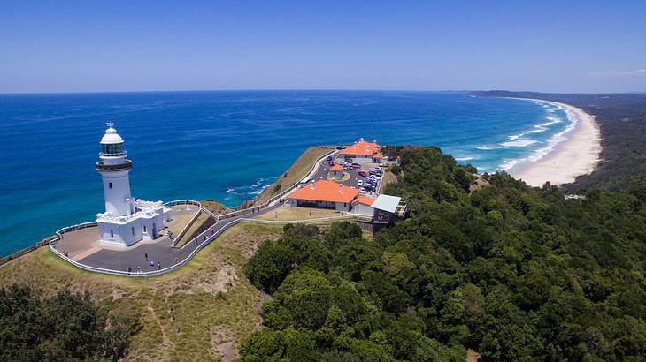 Byron Bay Lighthouse on a hill from above, NSW, Australia