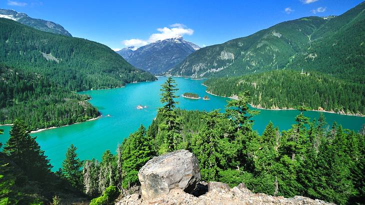 A green lake surrounded by tree-covered mountains under a sunny blue sky