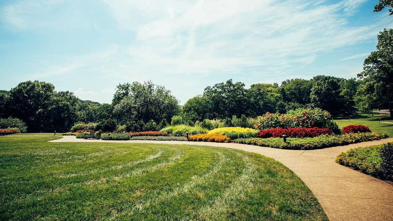 A garden with green grass, trees, and colorful flowers, and a path running through it
