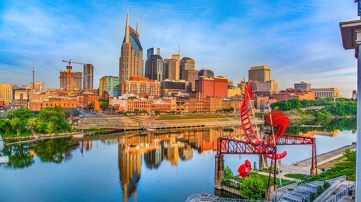 A city skyline reflected on a river in front of it under a blue sky