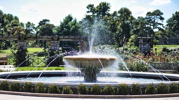 A fountain in a park with green grass and trees behind it