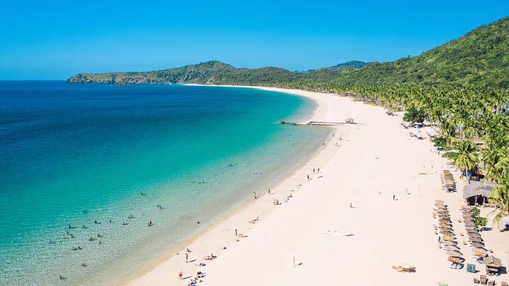 A white sand beach with people on it, next to the blue ocean and green trees