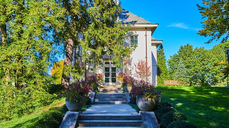 Steps leading to a historic mansion surrounded by flowers and trees