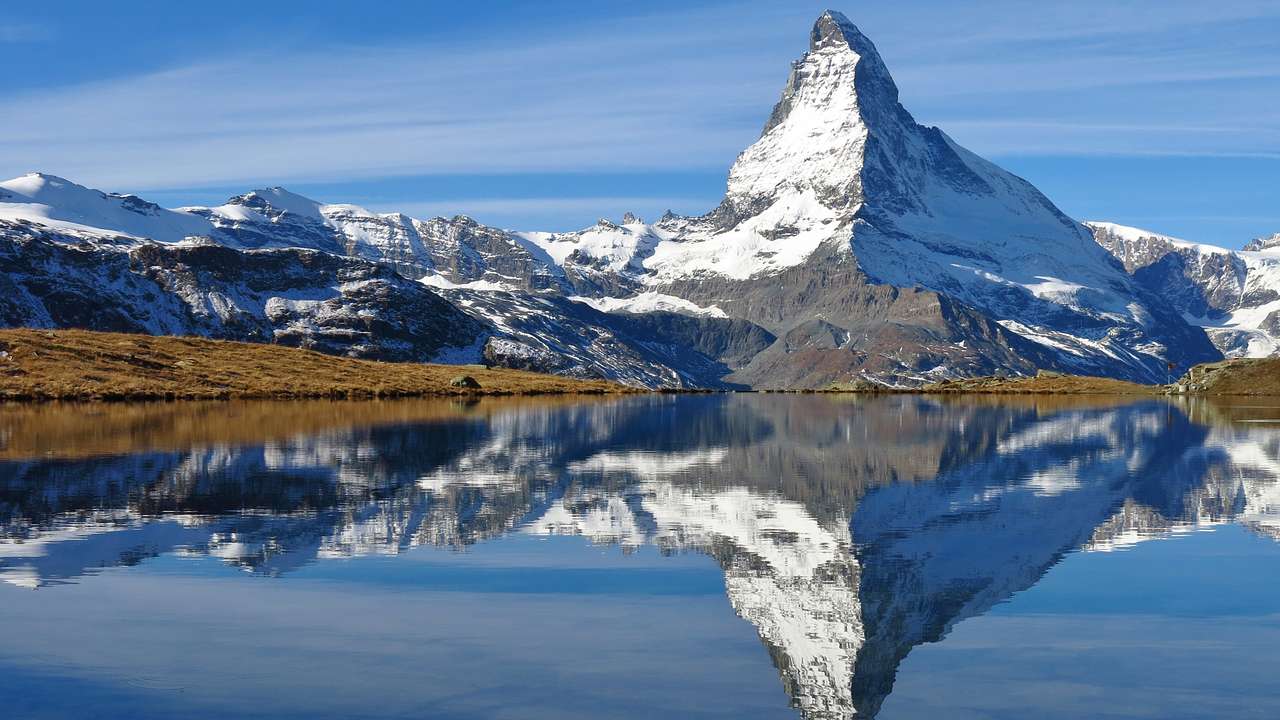A snowcapped mountain range with its reflection on a lake