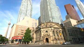 Tall buildings surrounding the Hockey Hall of Fame in Toronto, Ontario, Canada