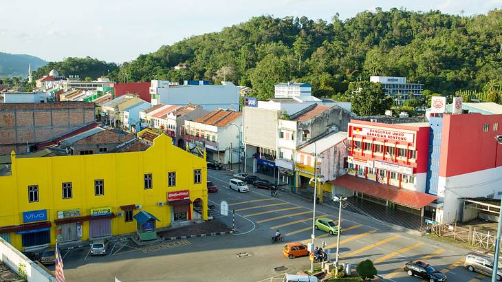 Top view of the city with different buildings and vehicles with greenery in the back