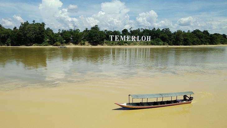 A canoe on a calm river with green vegetation and a "Temerloh" sign in the back