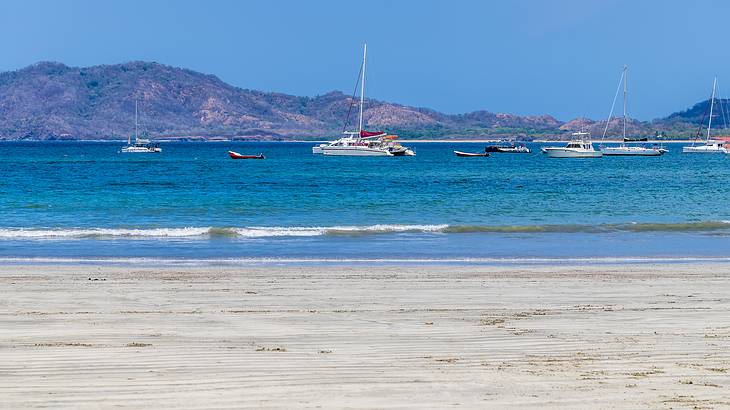 Yachts and boats on the turquoise sea next to mountains and a white shoreline