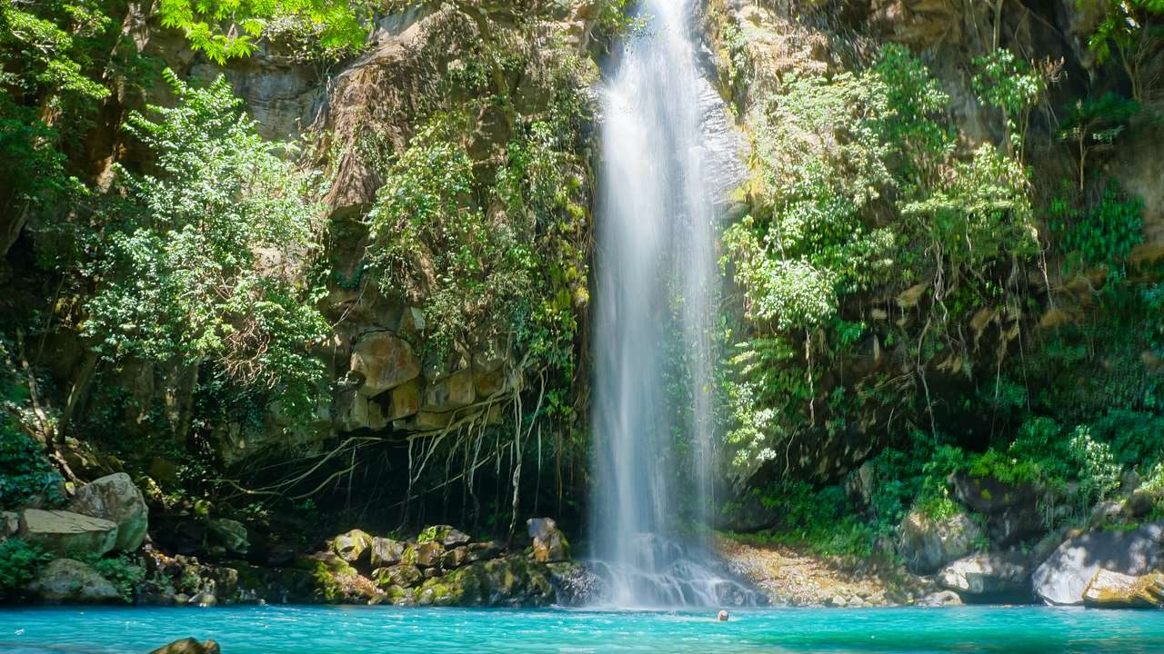A waterfall with a turquoise pool surrounded by rocks and lush vegetation