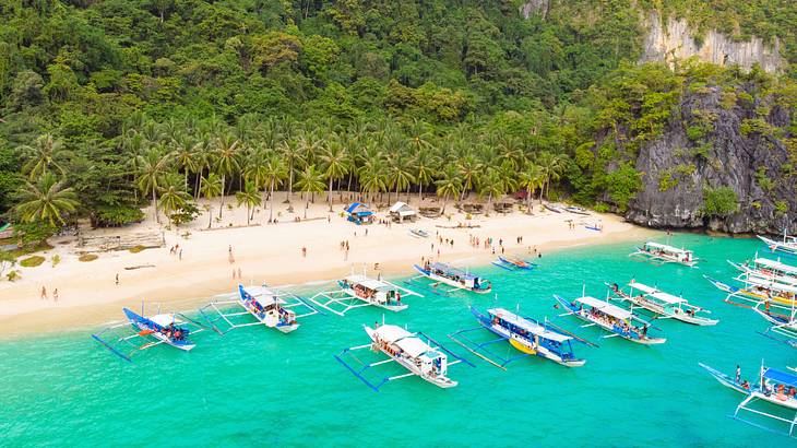 Aerial view of turquoise water, people on sand, trees, and boats moored in water Aerial view of turquoise water, people on sand, trees, and boats moored in water