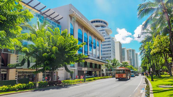 Buses moving on the road, with trees and high-rise buildings on either side of it