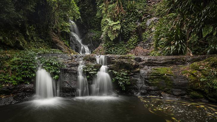 Small waterfalls flowing over rocks amongst lush greenery Small waterfalls flowing over rocks amongst lush greenery