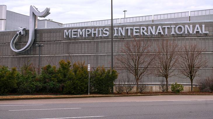 A wall with a note symbol and a sign saying "Memphis International" and shrubs below