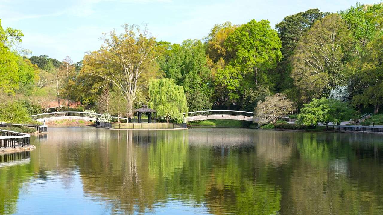 A lake with bridges crossing it and trees surrounding it