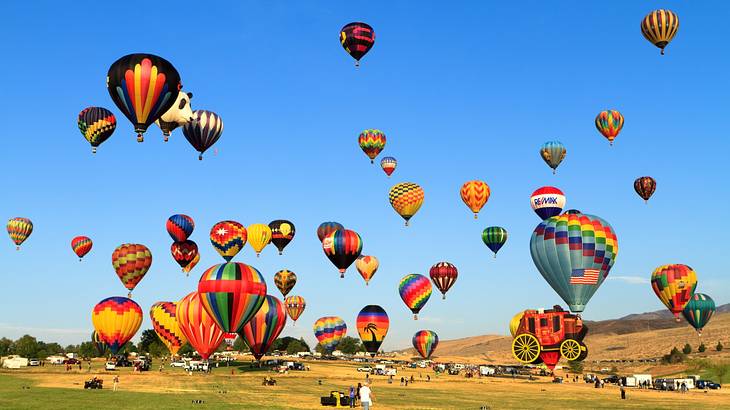 A field with many colorful hot air balloons in the blue sky above it