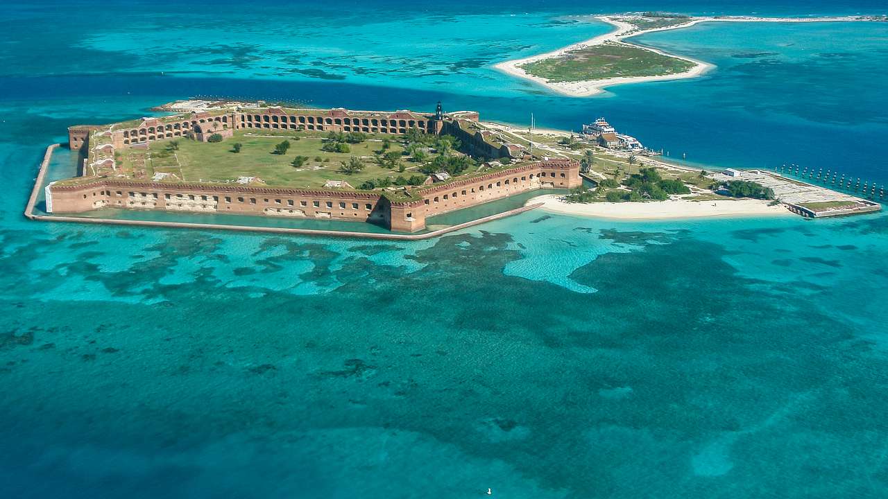 An island fort surrounded by turquoise ocean