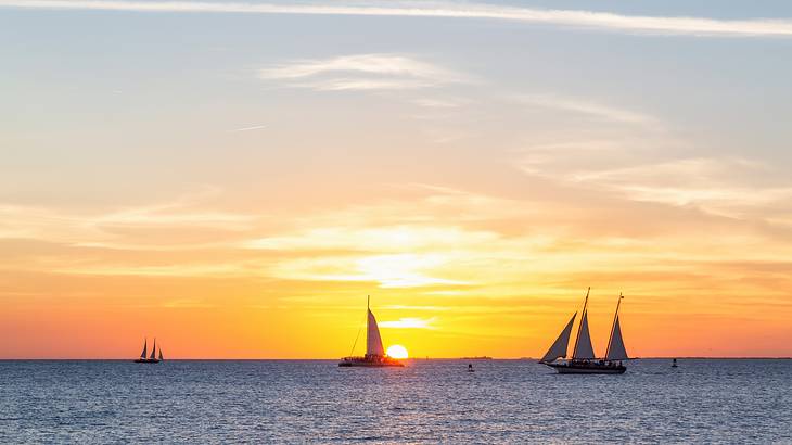 The sun setting over the ocean with sailboats on the water