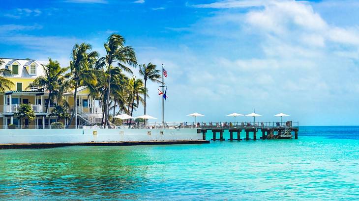 Turquoise ocean water with a pier and palm trees in the background