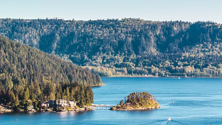 An island of trees connected to the mainland with buildings along the waterfront