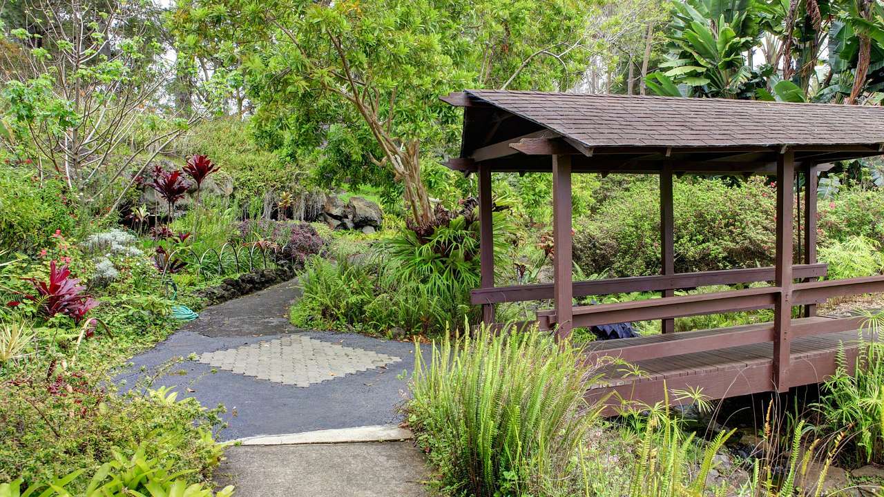 A pathway in the middle of a lush garden with a small wooden bridge over a brook