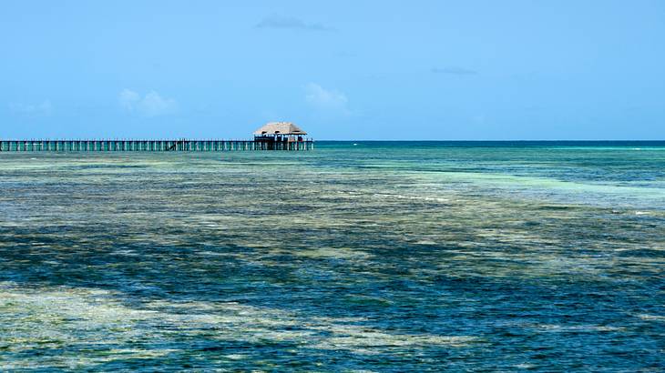 Clear blue water at low tide with a jetty and a hut on the left