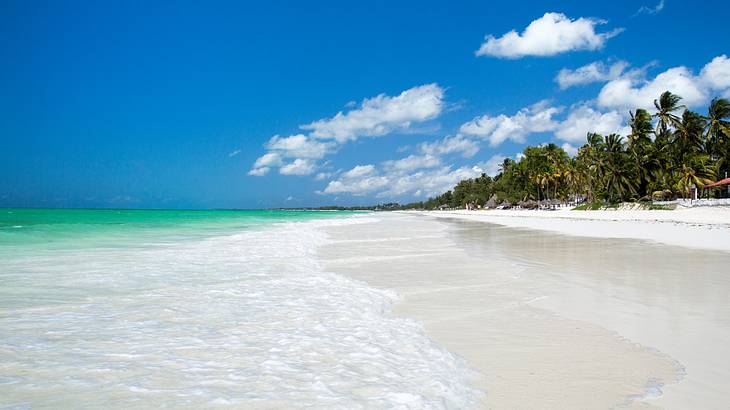 Beautiful turquoise water and white sand of the palm-lined Paje Beach