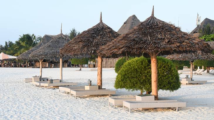 Straw huts with lounging chairs lining a white-sand beach