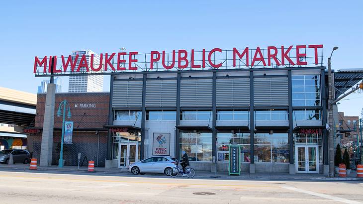 A structure with signage on top saying Milwaukee Public Market