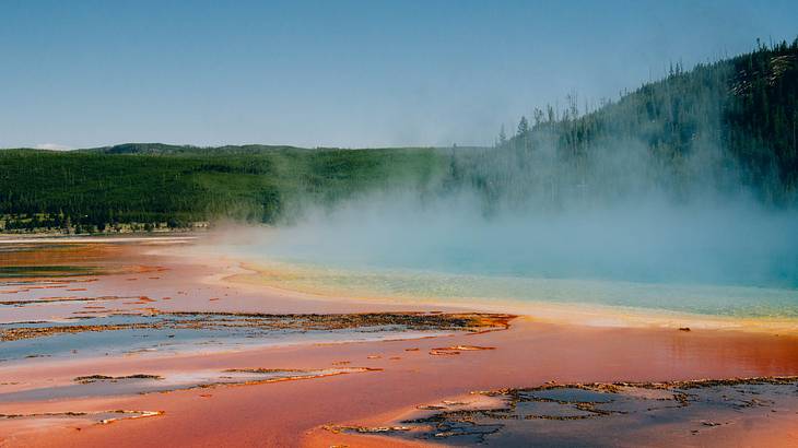 Geyser steaming at Yellowstone National Park, Wyoming, USA