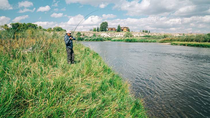 A person fly fishing near a river from a green, grassy patch