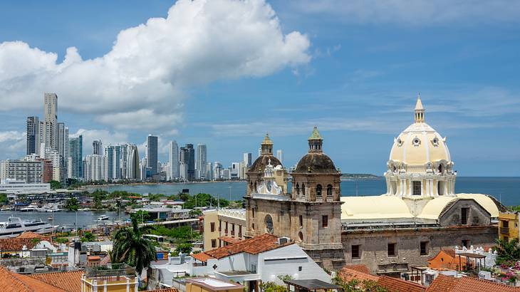 A cathedral and buildings surrounded by a body of water