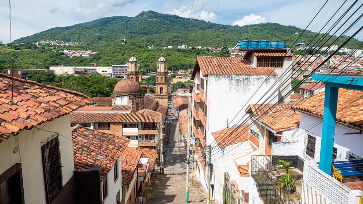 Houses with clay roofs on a hill with lush mountains in the background