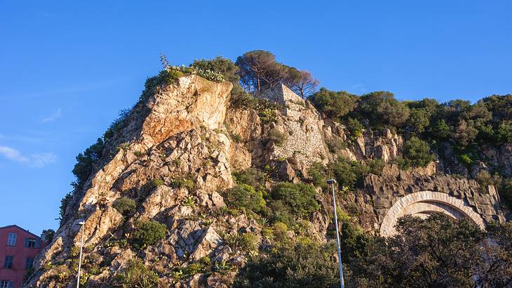 View of a sandstone cliff with green trees on it, Castle Hill, Nice, France