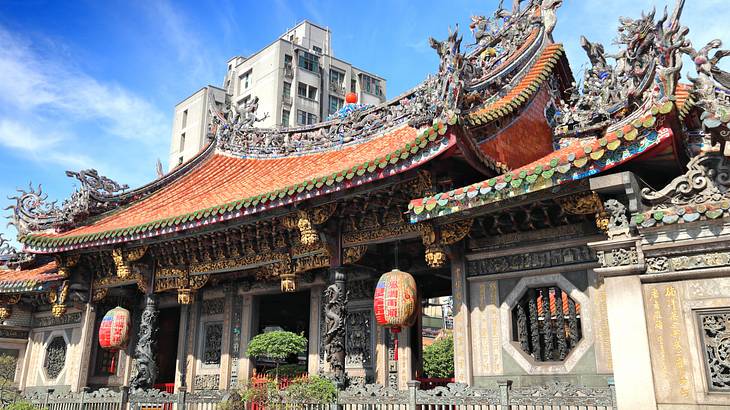 The outside of a colourful temple in Taipei, Taiwan