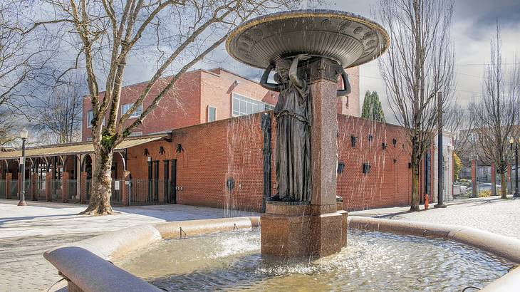 A fountain with a bronze sculpture of a lady carrying a basin in a city square