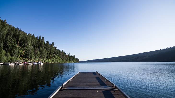 View of a lake, trees, boats, and a mountain from a wooden dock