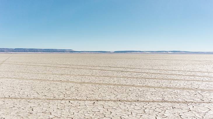 Cracked soil of a plain with mountains and a clear sky in the distance