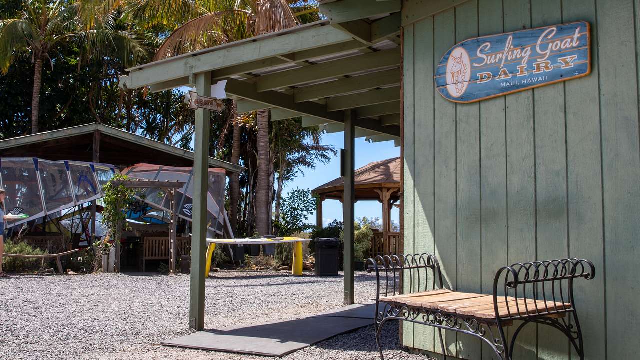 A green shack with a sign "Surfing Goat Dairy," a wooden bench in front, and sheds