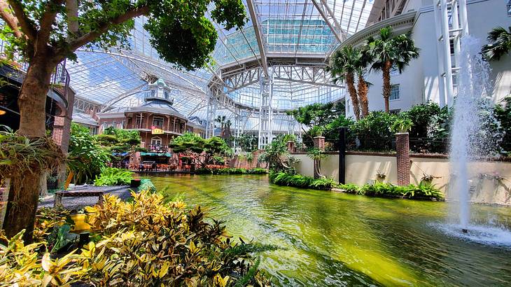 A pond with a fountain, plants, trees, and structures under a glass ceiling