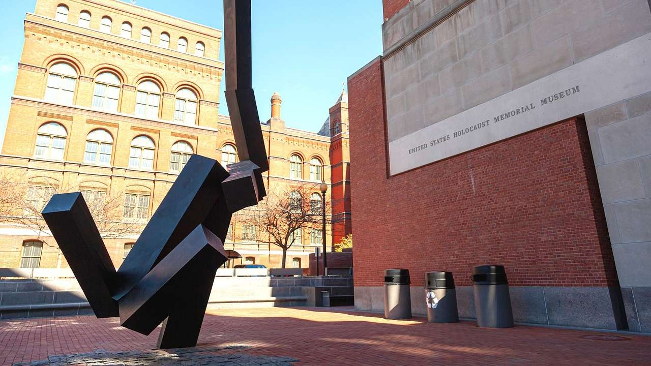 A red brick and stone wall with a "United States Holocaust Memorial Museum" sign
