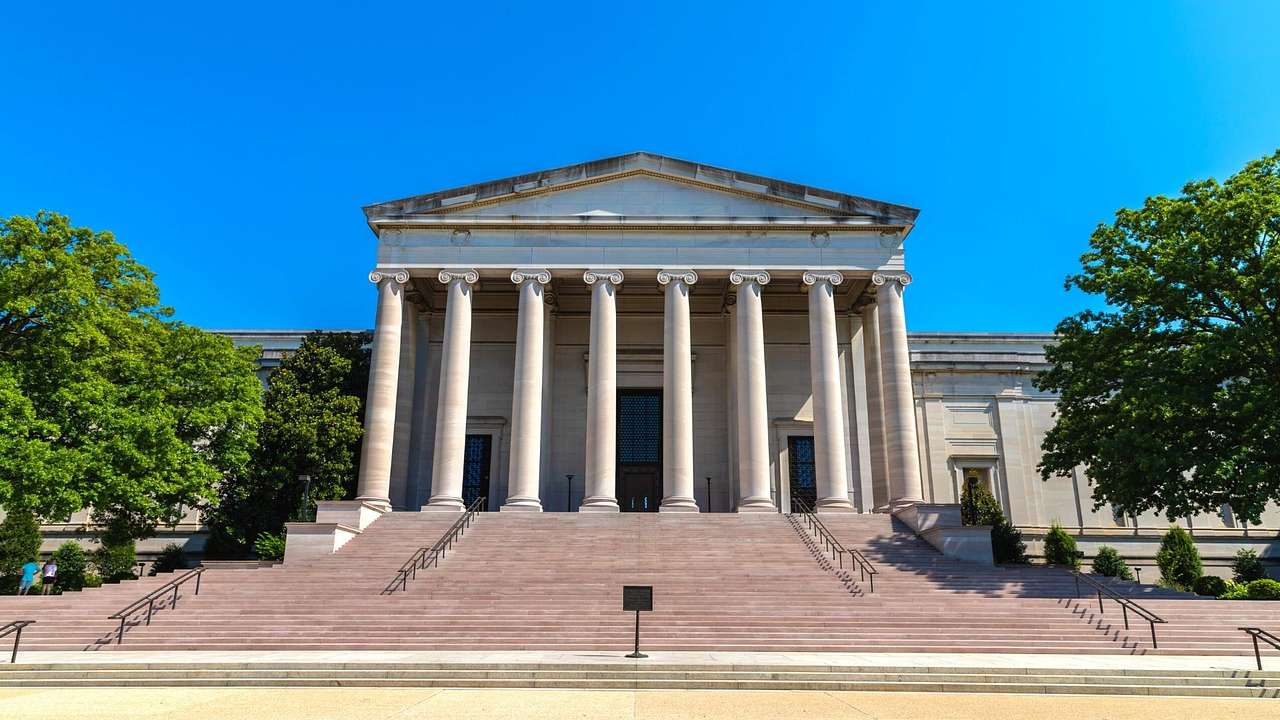 A Greek-style structure with columns and steps leading up to it