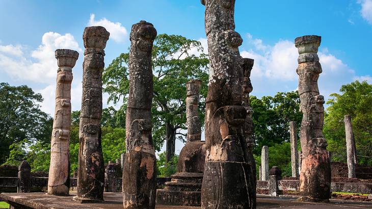 Stone pillars on a raised stone slab encircling a dome, surrounded by trees