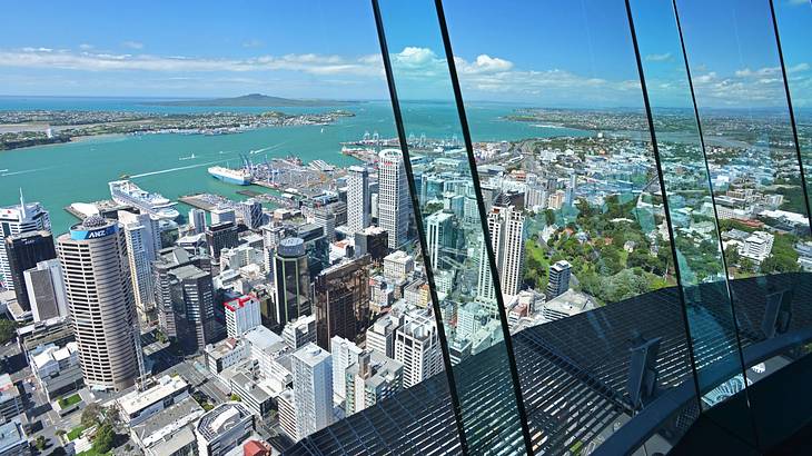 A view from the window of an observation deck of a city and blue water