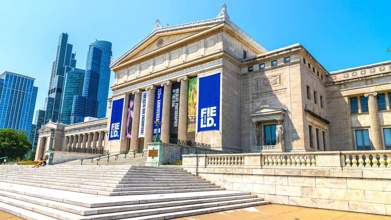 A staircase leading to a neoclassical building with blue banners saying "Field"