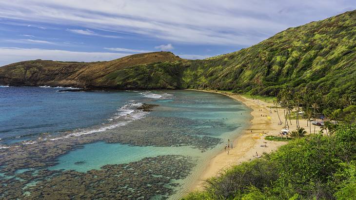 A cove with a sandy beach, blue ocean, and greenery-covered mountains